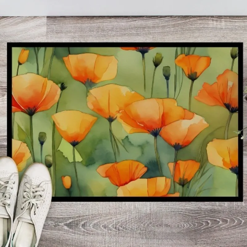 

Premium Watercolor California Poppies Doormat Non-Slip Washable Low Pile Indoor Outdoor Entryway Rug