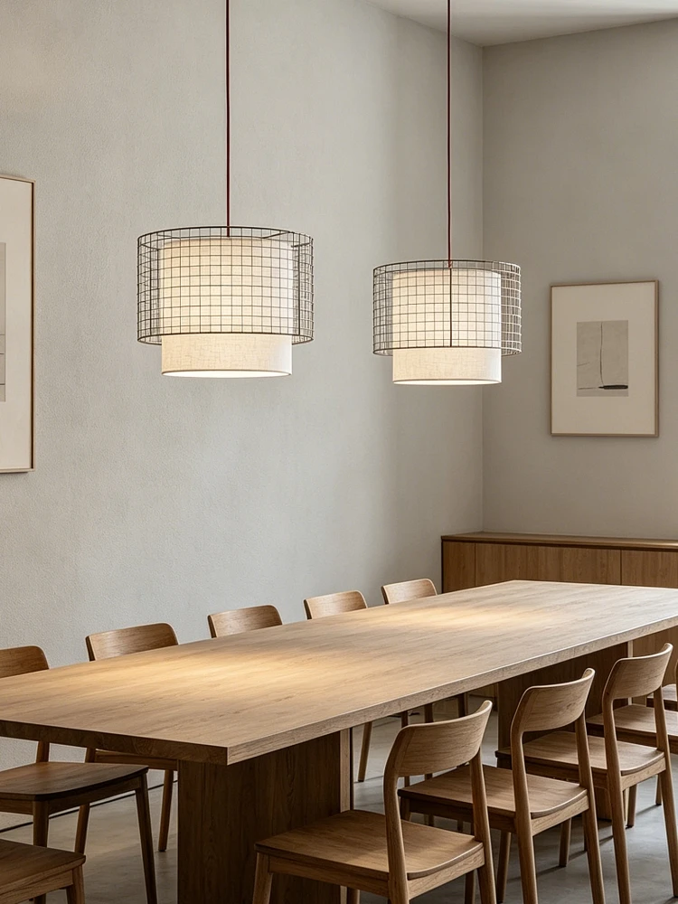 Industrial Metal Wire Mesh Pendant Light Beige Fabric Drum Shade Hanging Lamp For Dining Room Kitchen Home Decor