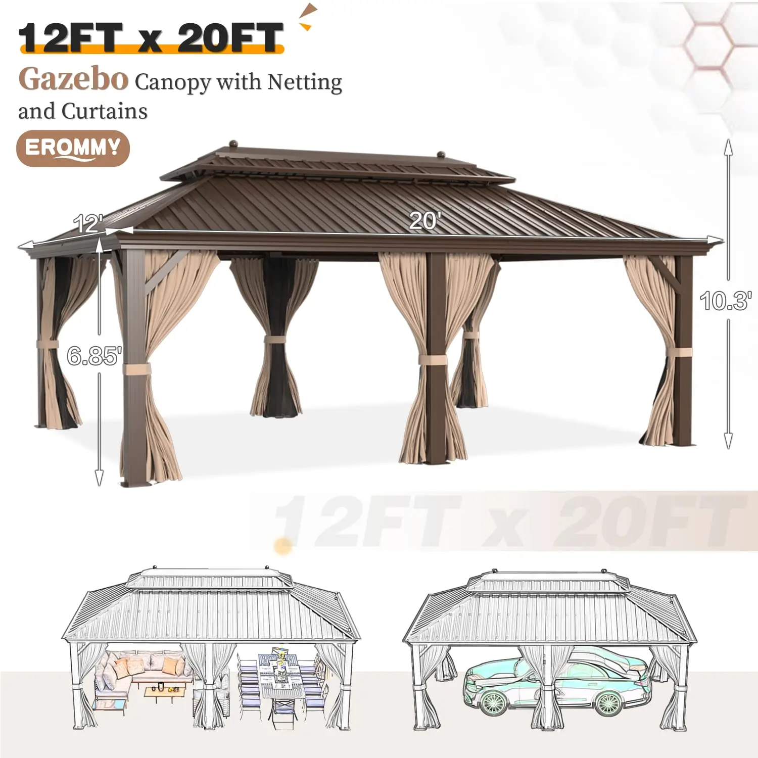 12' x 20' Gazebo Hardtop Double Roof Galvanized Steel Canopy with Netting and Curtains Outdoor Aluminum Frame Permanent, Custom