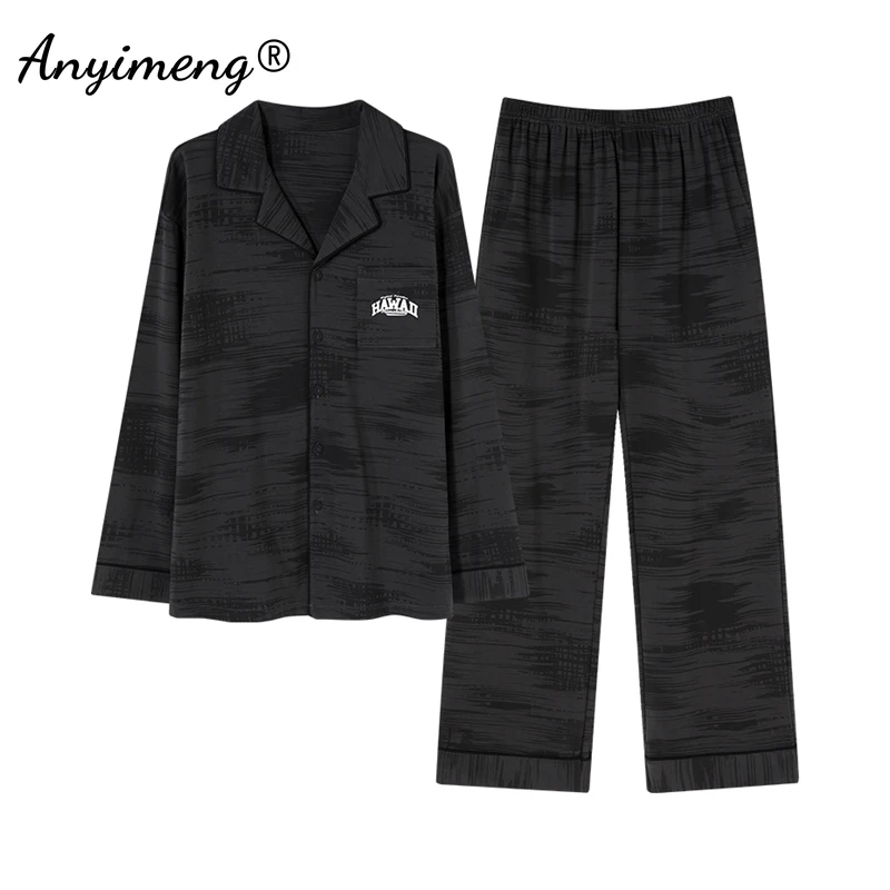 Autumn Winter Pajamas for Men Faux Cotton Man Pajama Long Sleeves Pants Nightwear Fashion Elegant Man Lapel Sleepwear