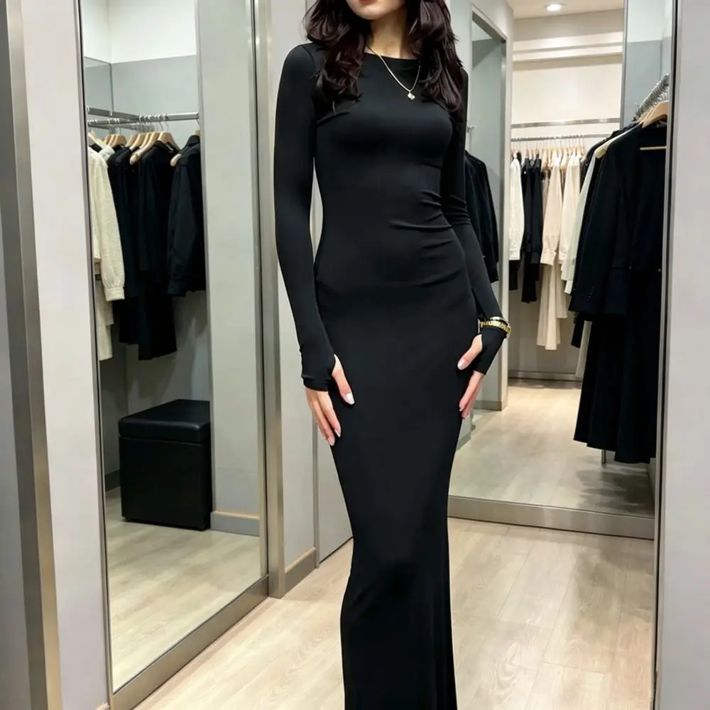 Fall Fashion Sexy Bodycon Maxi Dress Women Slim Fit Long Sleeve Dresses Elegant Round Neck Casual Party Club Outfits