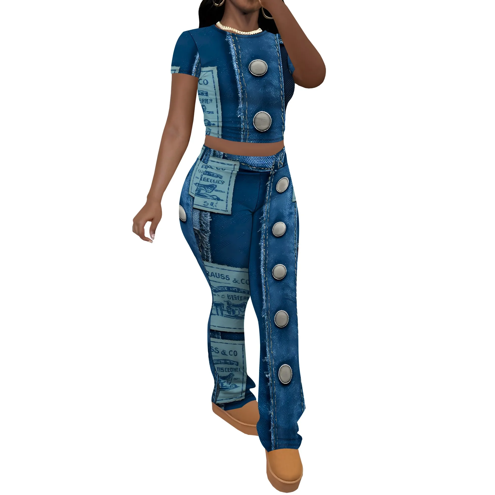 Nupusa Denim - Look Print Two - Piece Set 여성 여름 짧은 소매 캐주얼 의상