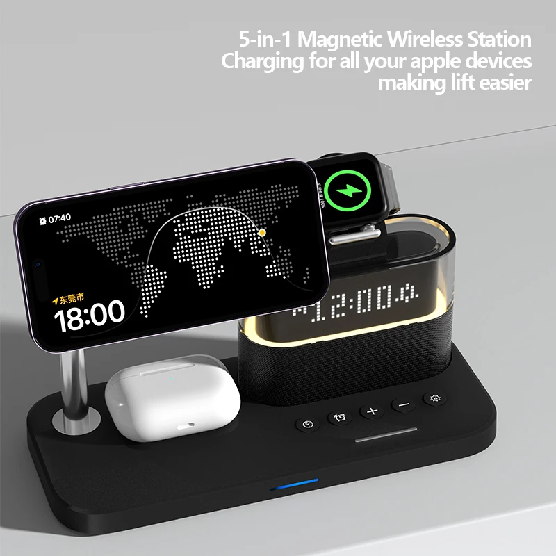 5 in 1 Magnetic Wireless Charging Station for Phone / AirPods / Apple Watch with Alarm Clock Night Light