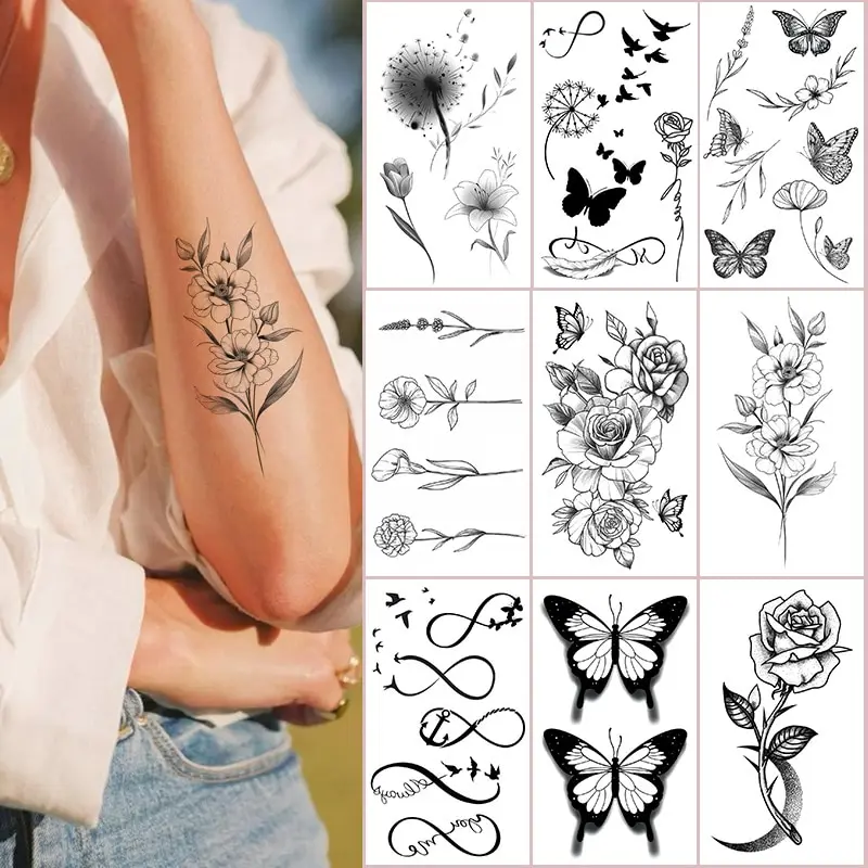 15pcs Suhua Tattoo Sticker Realistic Waterproof Sketch Flower Tattoo Sticker Paper Rose Flower Snake Flower Black and White