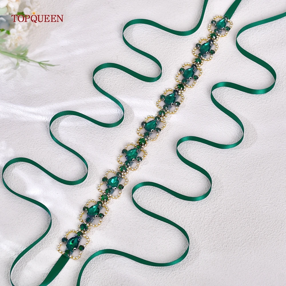 TOPQUEEN Square Shape Green Rhinestone Bridal Belt Wedding Bridesmaid Waist Jewelry Party Prom Important Event Dress Belt S218