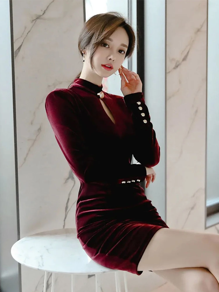 Vestidos cortos de Navidad Vintage de terciopelo coreano para mujer, ropa elegante, Sexy, de manga larga, minivestido ajustado, Vestidos de Año Nuevo