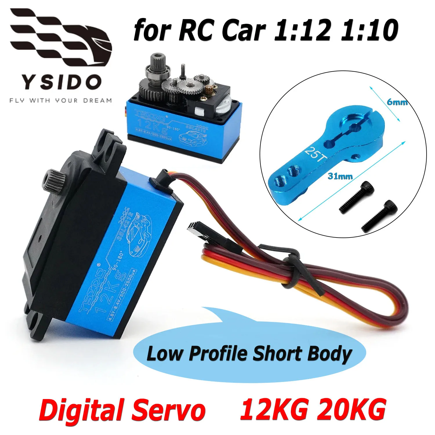 YSIDO Digital Servo Low Profile Short Body 12KG 20KG Large Torque Waterproof Servos for RC Car 1:12 1:10 Drift Cars Boat Parts