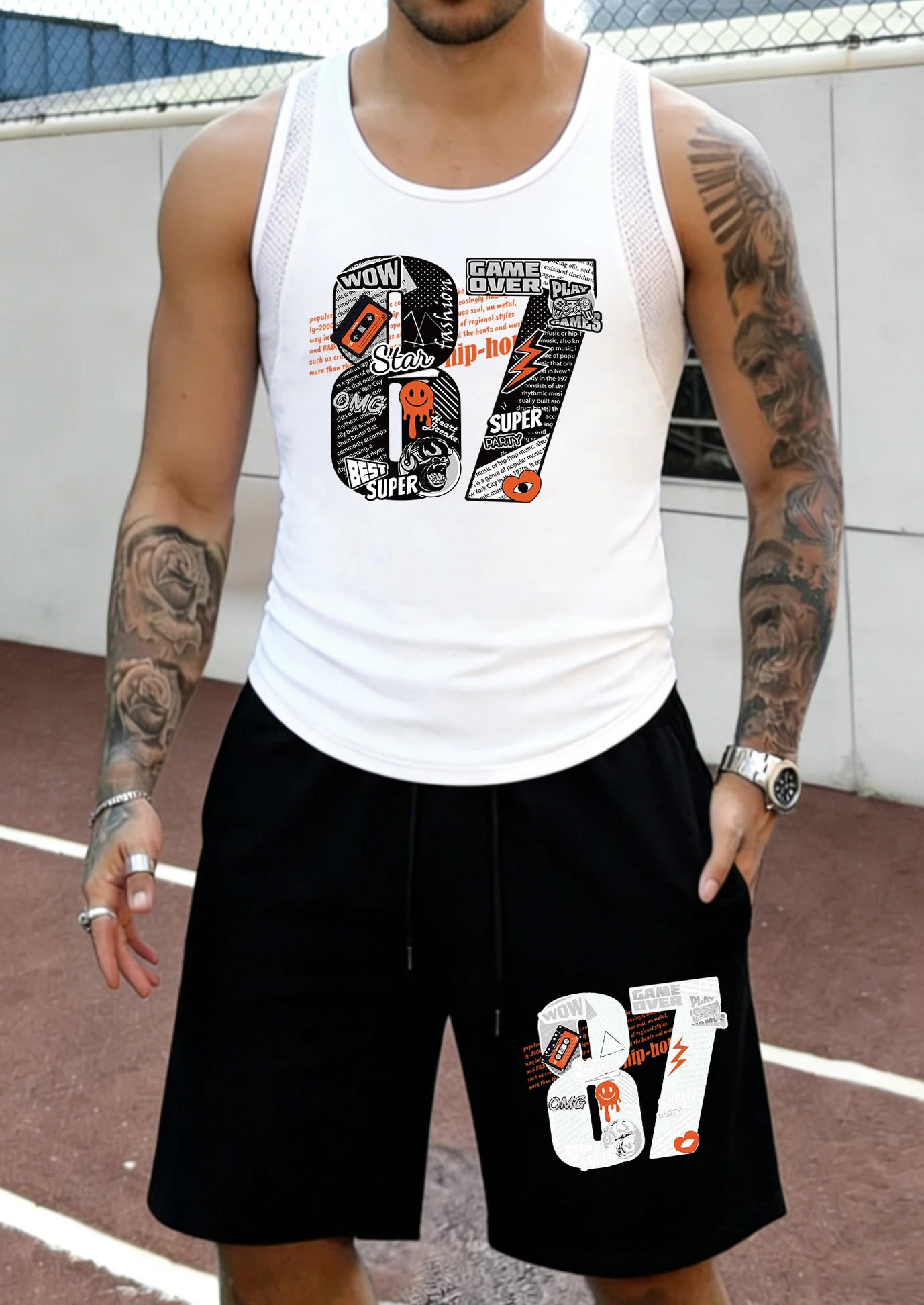 

Game Over Number 87 Printed Summer Jogging Mesh Tank Top Set Of Men Oversized Basic Shorts Lightweight Soft Clothing Swim Pants