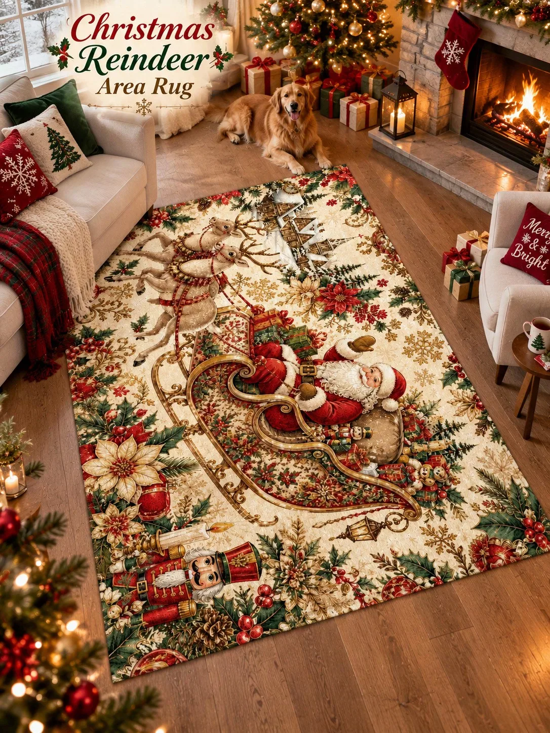Christmas Rug Santa Sleigh Reindeer Flowers Floor Decor Carpet Living Room Bedroom Dining Area Entryway Apartment Cabin Winter Home Styling Beside Sofa Armchair Housewarming Birthday Gift for Parents Friends Neighbors Sisters Holiday Gatherings