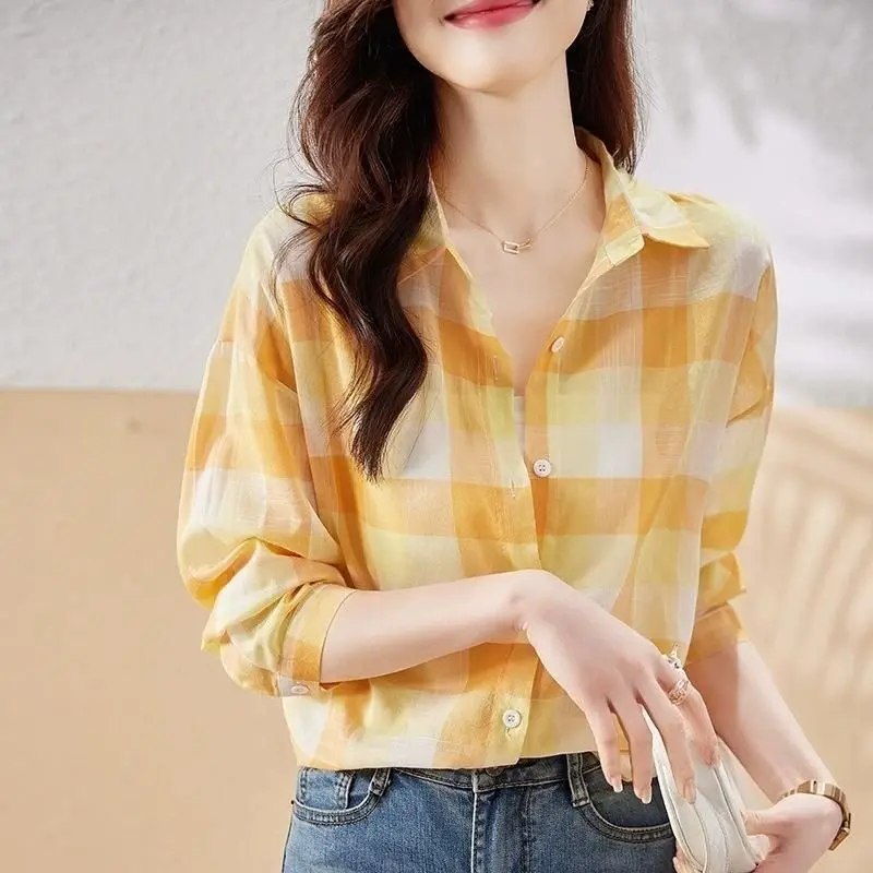 Vintage Fashion New Summer Thin Women\'s POLO Collar Lattice Single Breasted Temperament Versatile Long Sleeve Loose Shirt Tops