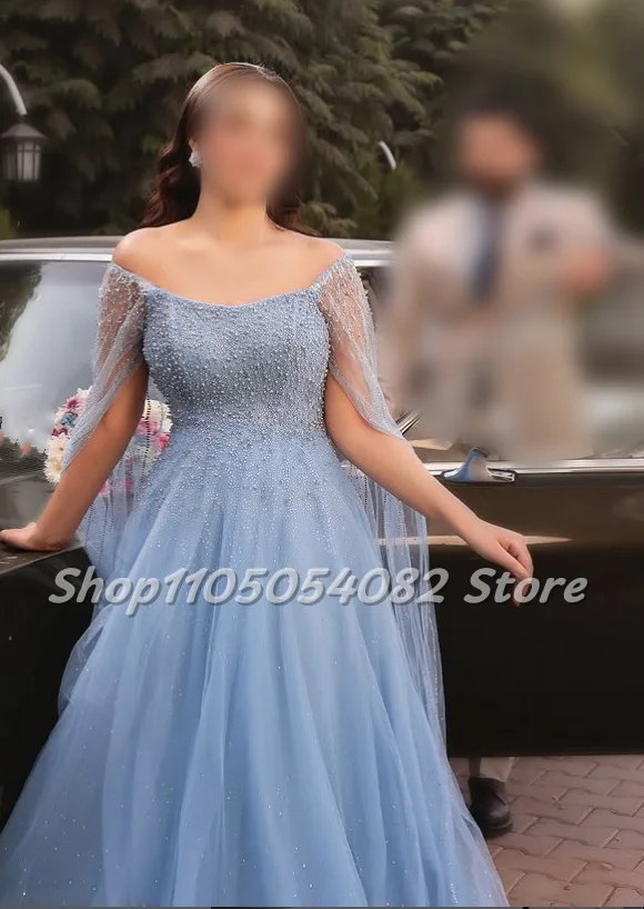 Customised Luxury Wedding Dresses Light Blue Wedding Dress with Beading and Rhinestones A-line Floor-length Wedding Dress