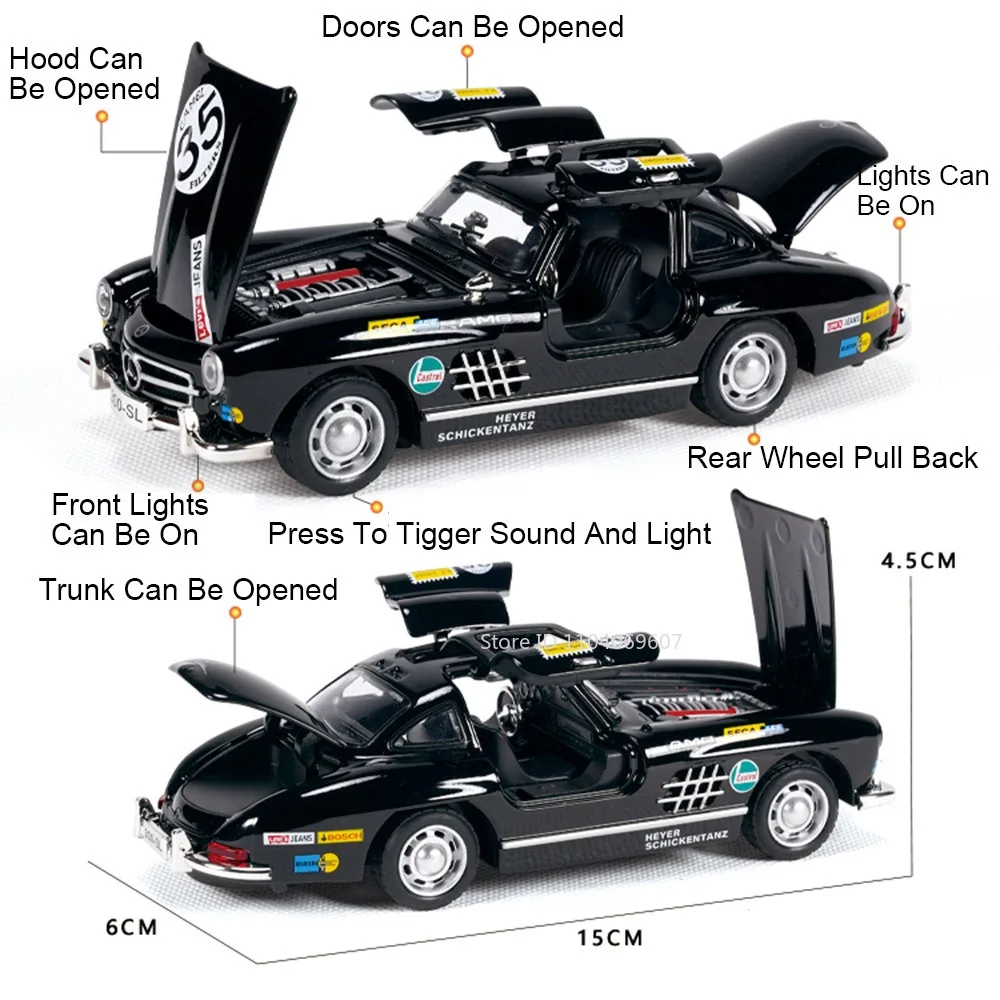 1:32 300SL ヴィンテージカーモデル ミニチュア玩具 合金ダイキャスト サウンドライト ドア開閉 プルバック装飾 車両 子供向けギフト