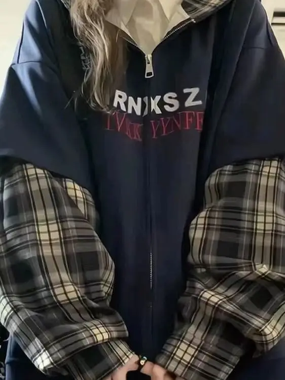 plus Size Casual American Style Plaid Hoodie Patchwork Loose Fit Women's Sweatshirt Spring Autumn Seasonal Fashion Outerwear