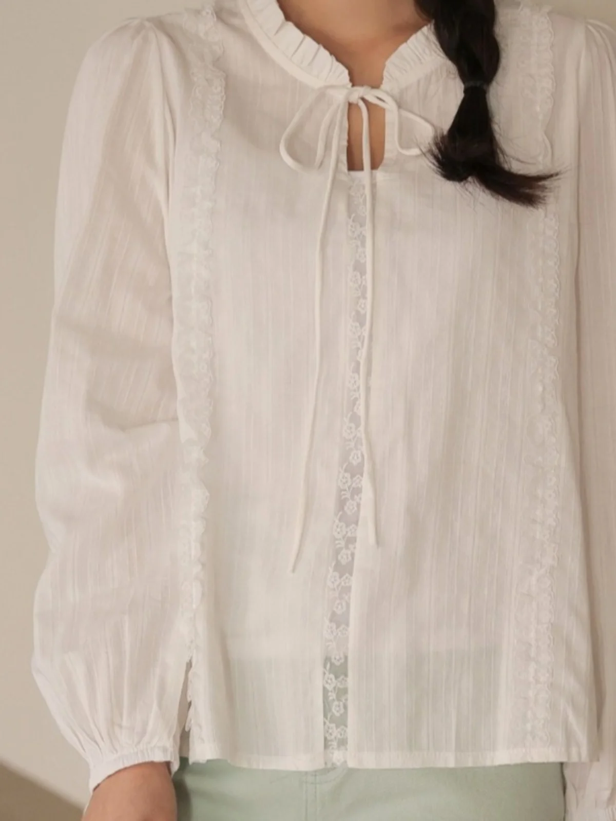 Chic Sweet Design Damen Weiß IRT Spring Faionable Tied Top Inner Wear Korean Sle Loose Bubble Sve Pure Color