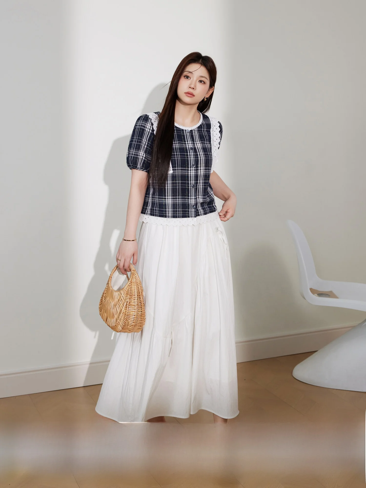 

Blue Language plus Size Summer Outfit with Plaid Ruffle Top And A-Line Skirt Slimming Workwear Bubble Sve round Ne