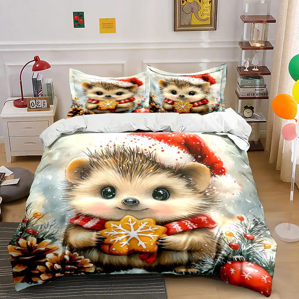Adorable hedgehog in a Santa hat holding a snowflake cookie Print Duvet Cover Bedding Set Included 1*Duvet Cover 2*Pillowcases