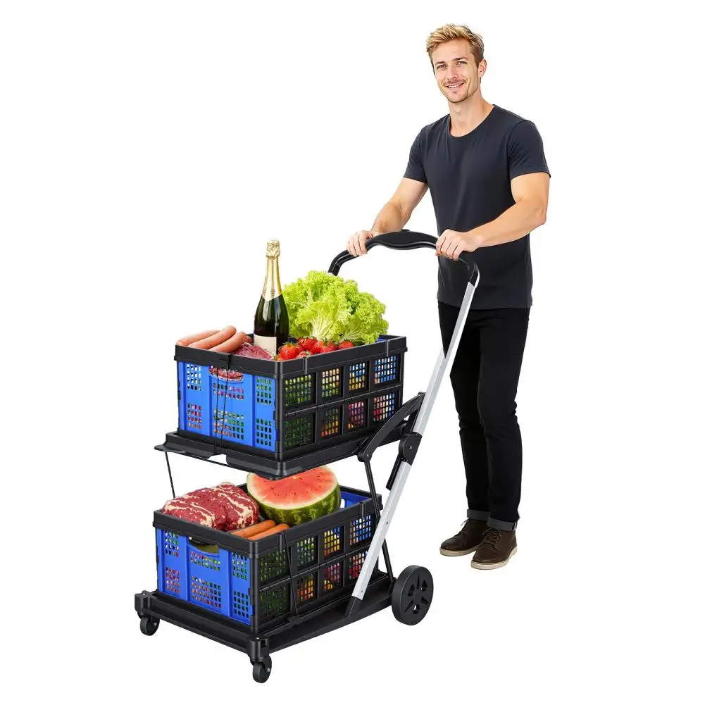 2-Tier Foldable Shopping Trolley Heavy Duty Collapsible Grocery Cart Blue 360 Degree Wheels & Retractable Fixing Bands