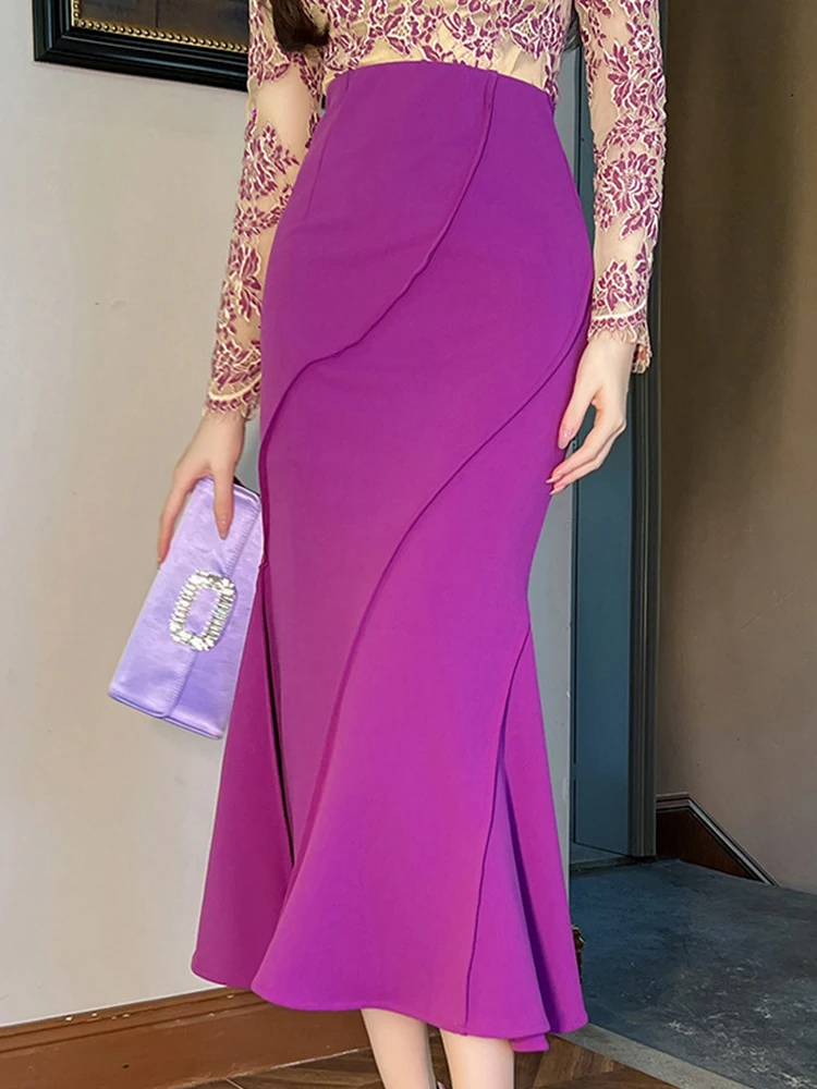 

New Fashion Ladies Purple Wrap Hip Fishtail Long Skirts Women Elegant Chic Solid High Waist Package Hip Midi Slim Skirt Outfit