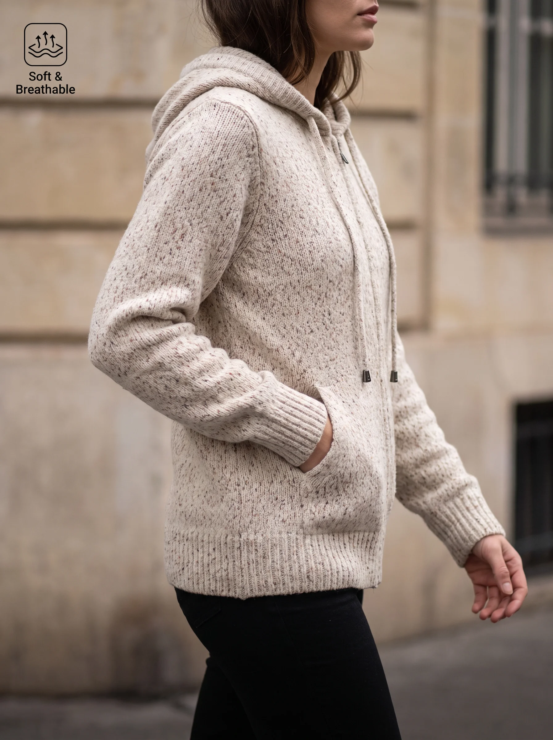 Women's knitted zipper cardigan, with a drawstring hood, featuring irregular patterns and stripes, and a non-removable hood