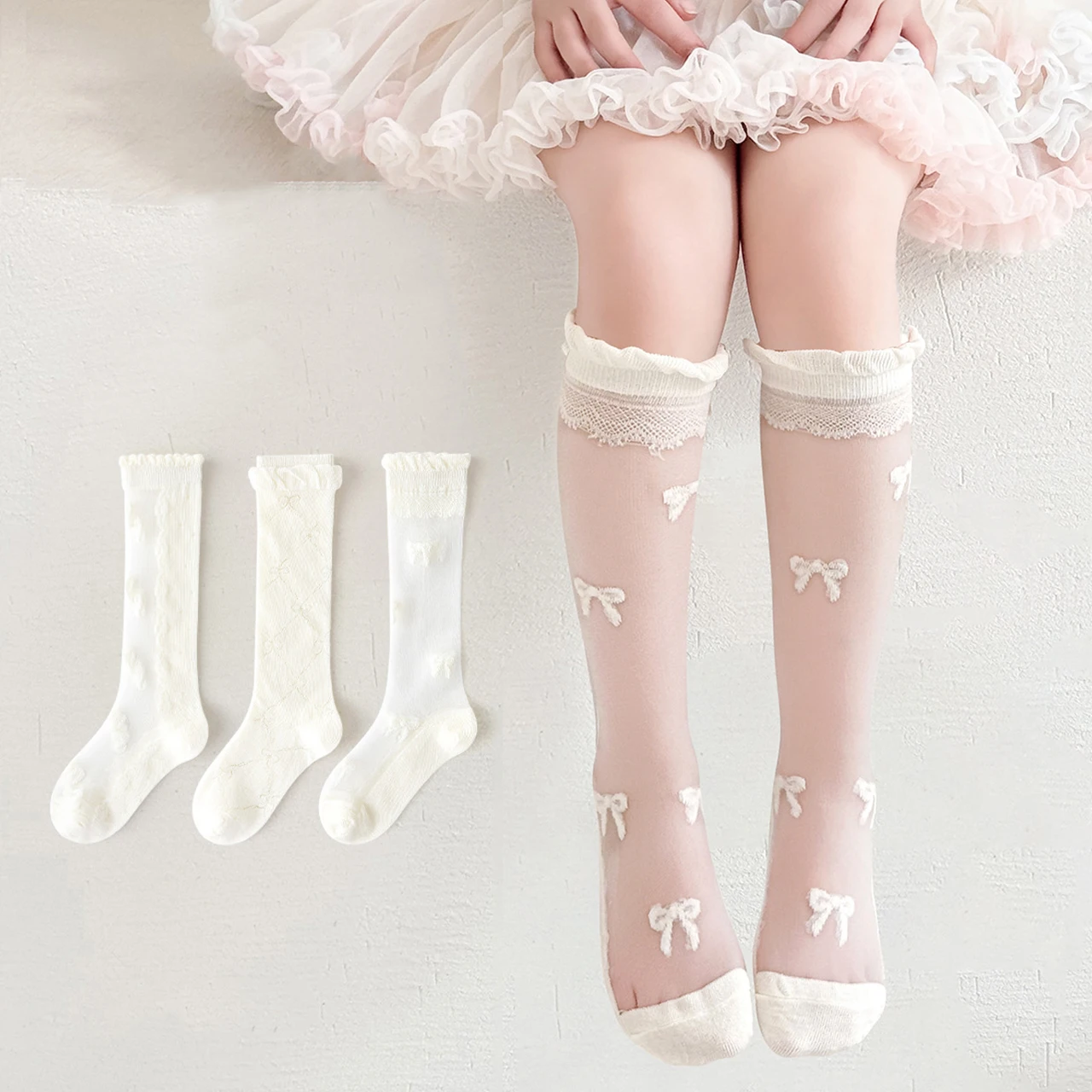 3 Pairs Lace Bow Baby Girl Long Socks Summer New Breathable Toddler Cotton Knee High Socks Kids Mosquito Proof Socks