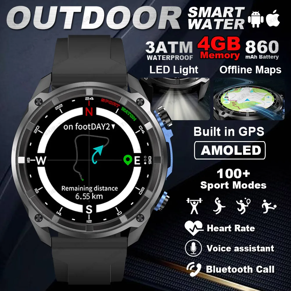 

2025 New Militray T-Rex Tactical Smartwatch Built-in GPS Offline Map 4GB Memory 5ATM IP69K Swimming Waterproof Men Smart Bracele