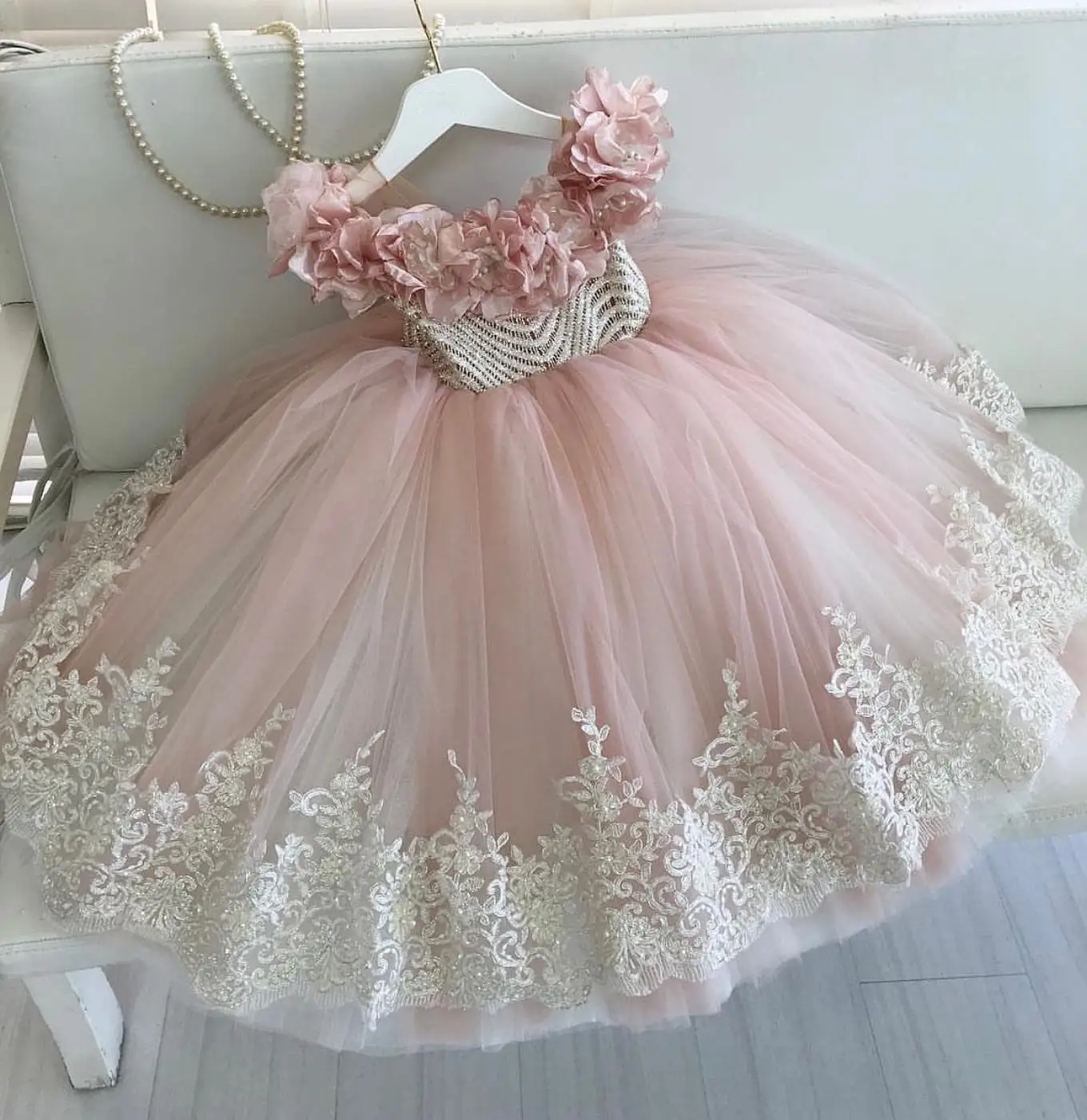 

Pink Flower Girl Dresse for Wedding Glitter Appliques Kid Birthday Party Gown Princess Sleeveless Children Wedding Guest Dresses