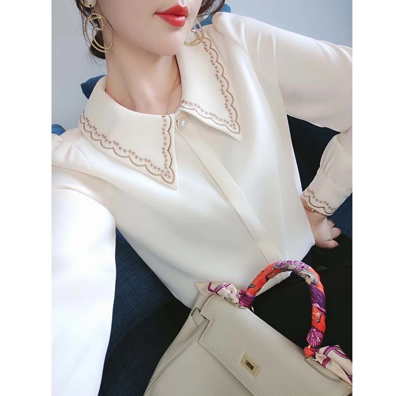 Women Embroidery Beaded Chic Luxury Design Shirts Spring Autumn Fashion Office Lady Blouse Solid Long Sleeve Tops Elegant Blusas