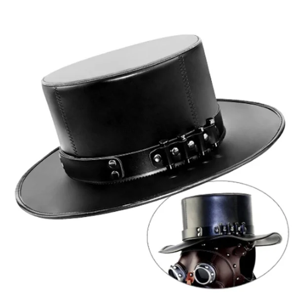 

Steampunk Plague Doctor Hat PU Leather Black Flat Top Witch Magic Hat Halloween Cosplay Costume Props