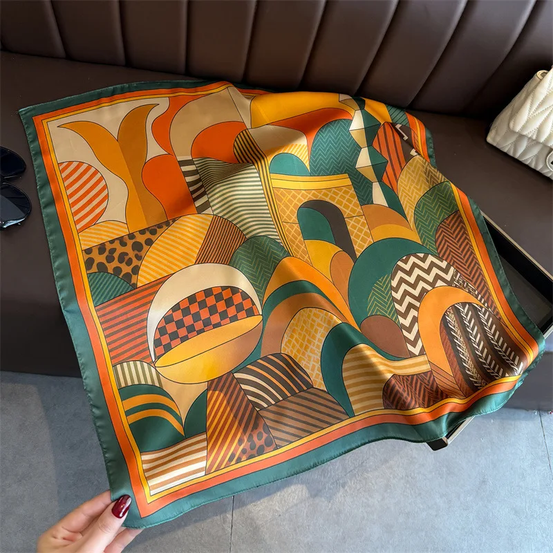 2026 New Geometry Print Silk Square Scarfs Women Decorate Neck Ties 70*70cm Kerchief Lady Summer Hijab Female Neckerchief Wraps view 2
