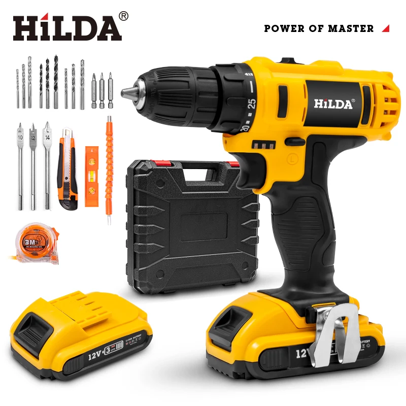 HILDA Cordless Drill Electric Screwdriver  Wireless Power Driver DC Lithium-Ion Battery Power Tools Yellow Drill