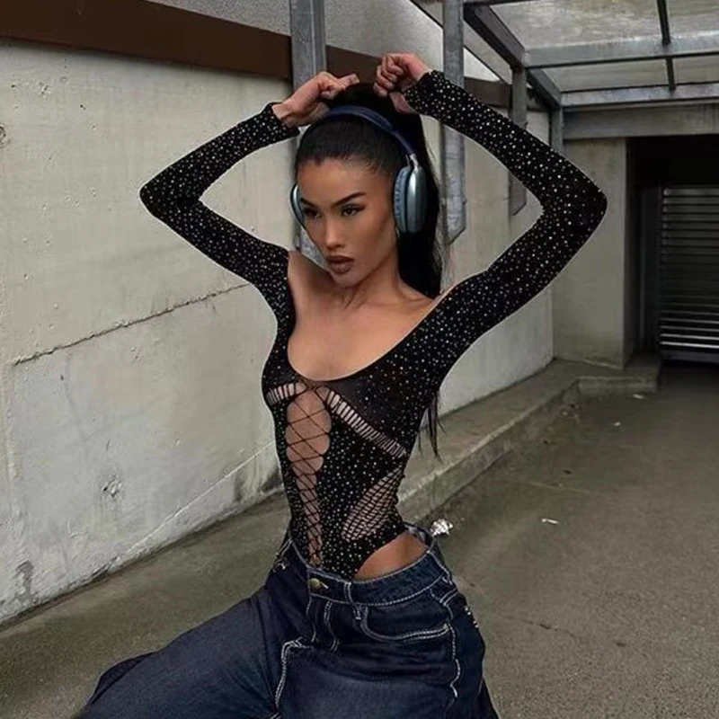 ملابس داخلية من الدانتيل للنساء خارج الكتف الجوف خارج شبكة شير الجسم أعلى الإناث الساخن عارية الذراعين ملهى ليلي الملابس الداخلية أعلى بالجملة #1