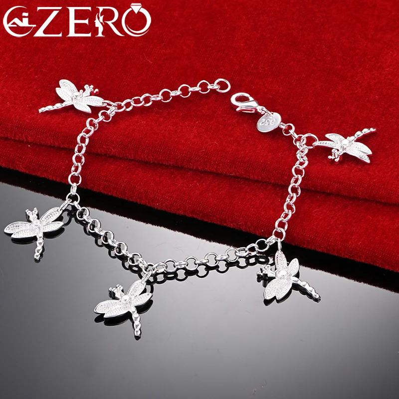 

ALIZERO 925 Sterling Silver Five Crystal Zircon Dragonfly Pendant Chain Bracelet For Woman Fashion Charm Party Fine Jewelry Gift