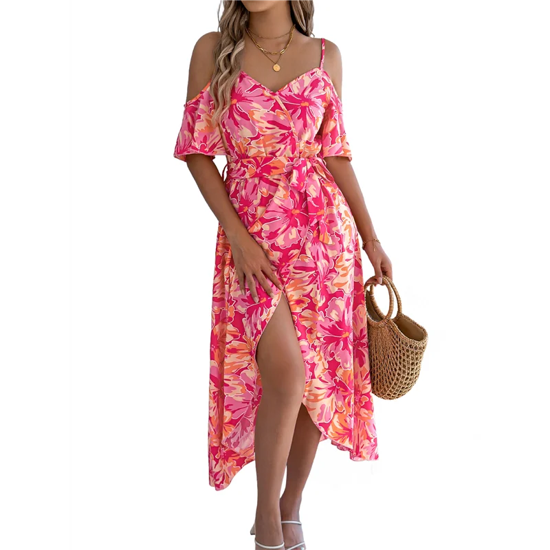 【SEE】Maxi Dresses For Women 2025 Summer Boho Cold Shoulder Suspender V Neck Dress Casual Split Thigh Flowy Long Dress