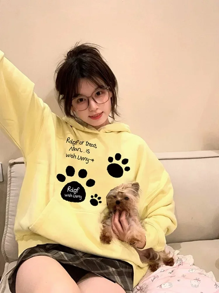 

ADAgirl Kawaii Cat Paw Print Hooded Women Cutecore Kitty Ears Pullovers Female Oversized Japan Style Autumn Winter Sweatshirt