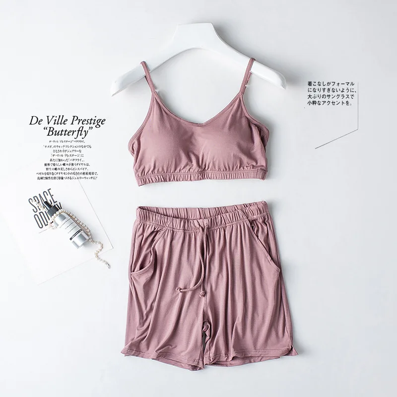 Spring/Summer Ladies Pajamas Sling + Shorts Modal With Chest Pad Solid Color Homewear Set Pajamas Sleepwear Lingerie