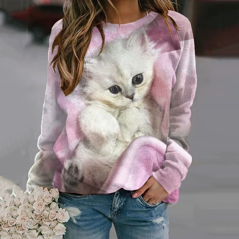 Cute Cat Sweatshirts Animal 3D Print Hoodies Women Fashion O-Neck Long Sleeve Y2k Hoodie Oversized Pullovers Top Female Clothing