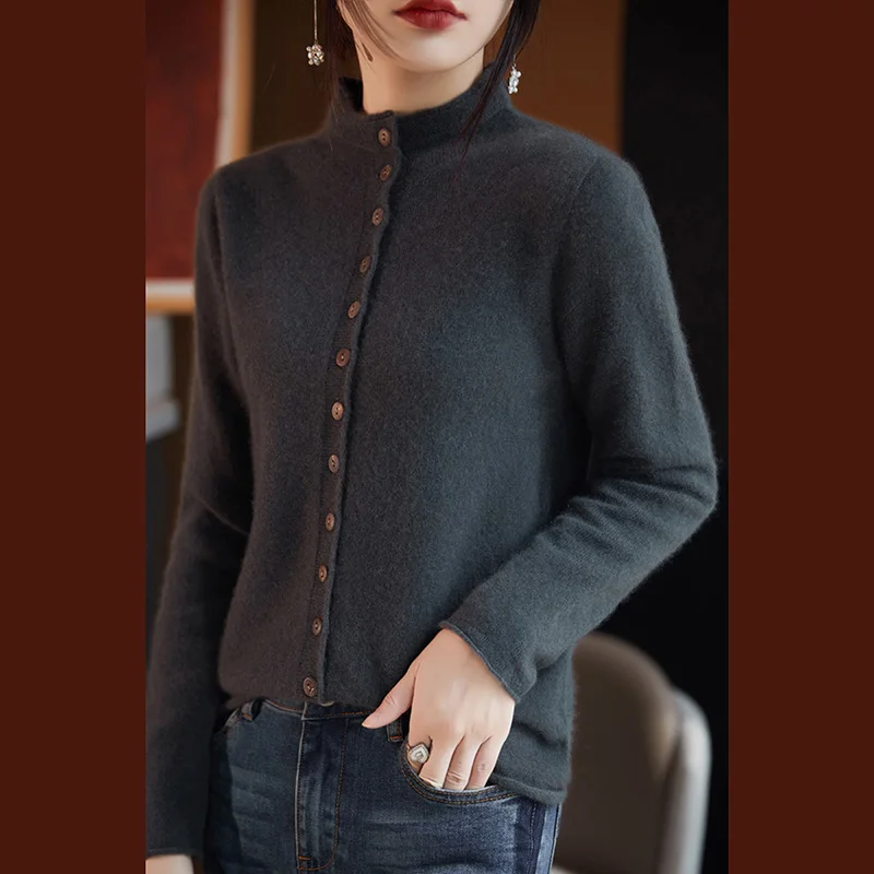 Veste en laine mérinos pour femme, col montant, pull multi-boutons, mode de luxe, haut cardigan, automne et hiver