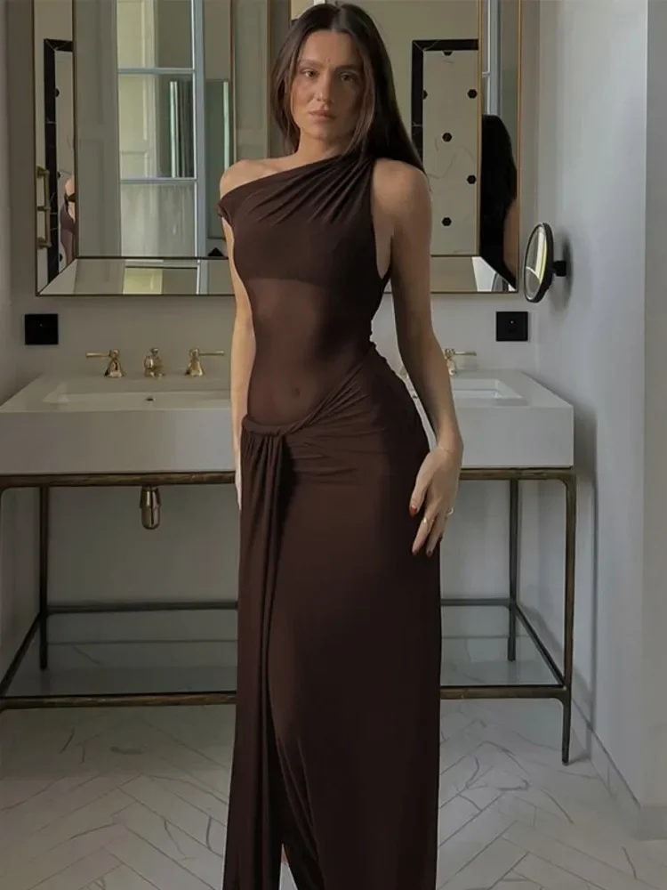 ไหล่เอียงBacklessเซ็กซี่Maxiชุดผู้หญิงชุดแฟชั่นแขนกุดดูผ่านDrapedคลับชุดยาวElegant