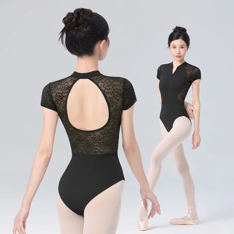 Women Ballet Leotards with Zipper Nylon Lace Splice Gymnastic Dance Leotard Adult Short Sleeves Ballet Bodysuit Dance Costumes