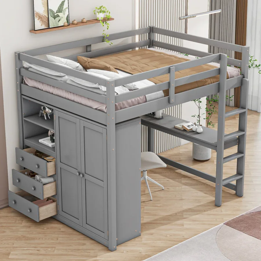 Desk Design Large Space Wood Full Size Loft Bed with Built-in Wardrobe, Desk, Storage Shelves and Drawers, White/Gray