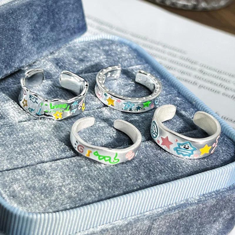 

New Original Design Graffiti Painted Silver Rings for Lovers Couple Best Friends Cartoon Pattern Lovely Fashion Jewelry Gifts