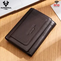 HUMERPAUL-billetera corta triple de cuero genuino para hombre, monedero con cremallera de alta calidad, tarjetero RFID delgado, bolsas para dinero