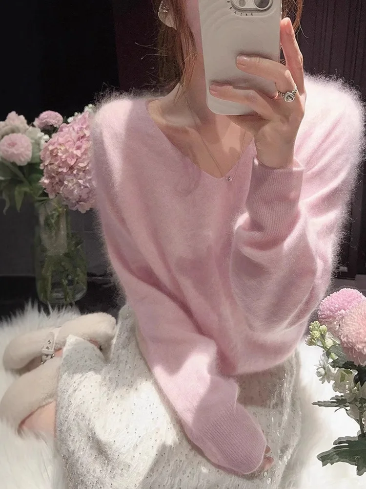 

Мягкий нежный женский свободный вязаный шерстяной свитер V-Ne Long Sve, теплый повседневный топ, весенне-осенний модный тренд