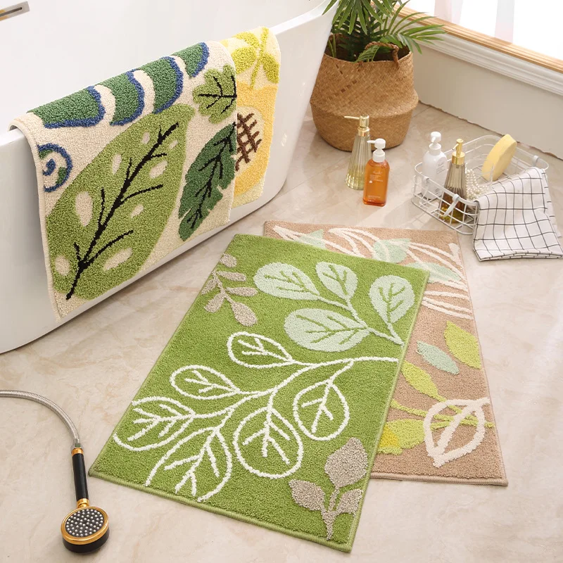 Home Leaves and Plants Jacquard Floor Mat Soft Super Absorbent Bathroom Non-slip Mat Entrance Door Mat Bedroom Rugs