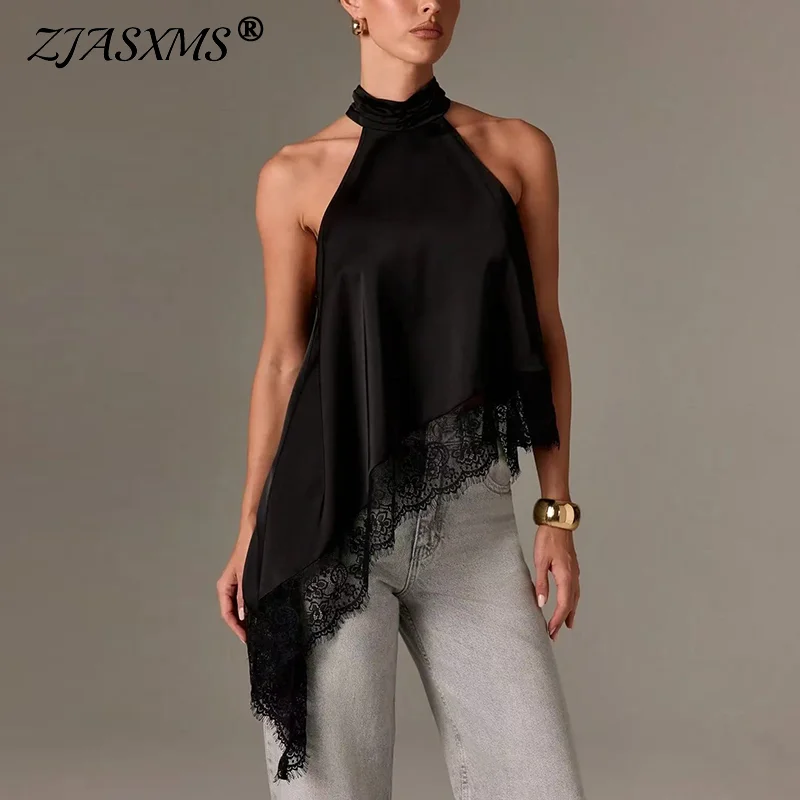 

2026 Spring Summer Sleeveless Irregular Tops Sexy Half High Collar Hollow Blouse Shirts Elegant Patchwork Lace Loose Blusa Mujer