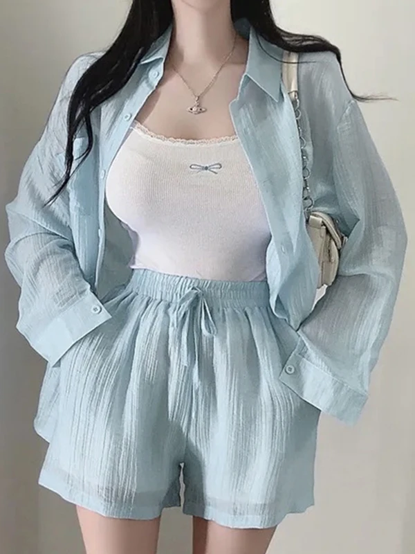 

East Gate New Casual Long Sleeve Shirt And Shorts Set Women's Fashionable Versatile Color with Inner High Waist