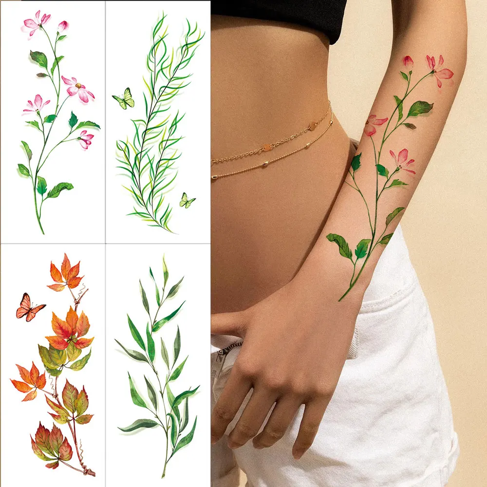 ملصقات وشم مؤقت على شكل زهرة ملونة للنساء على شكل أوراق خضراء لتزيين اليد والذراع والصدر والجسم وشم مزيف مقاوم للماء #1