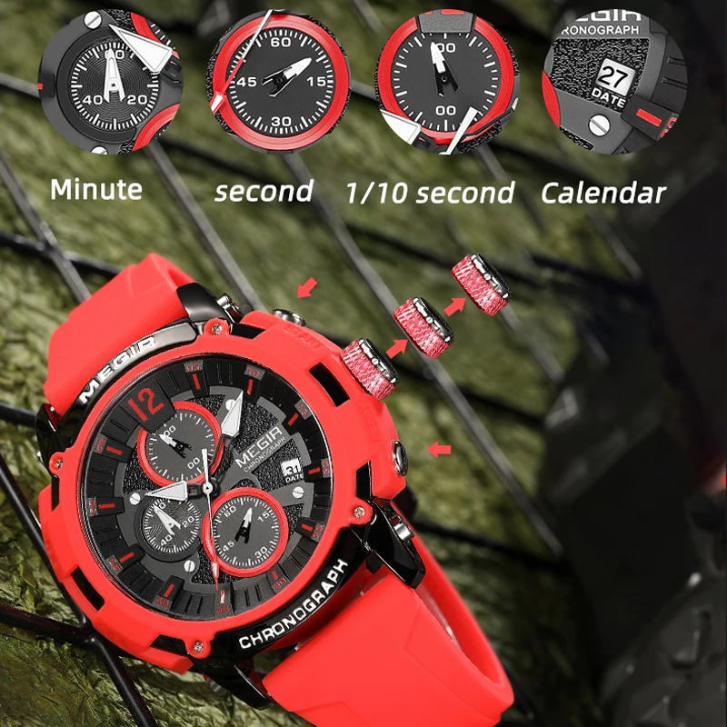 Megir Heren Chronograaf Analoge Quartz Horloge Voor Mannen Met Datum Lichtgevende Handen Oranje Siliconen Band Waterdicht Wristswatch Mannelijke