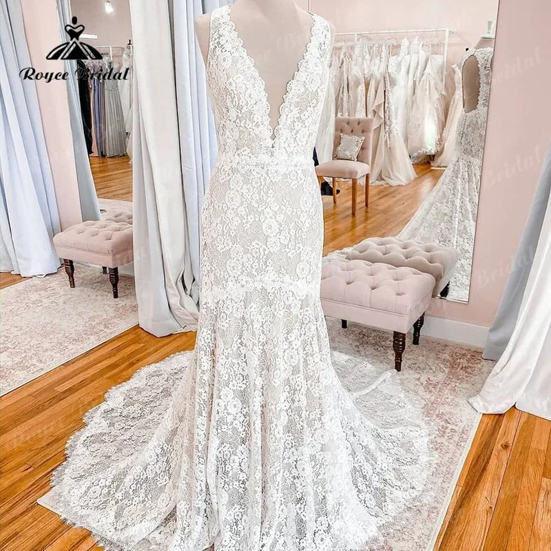 

Deep V neck Lace Sleeveless Open Back Mermaid/Trumpet Wedding Dress Sweep Train 2025 Sexy Bridal Gown vestido para boda playa