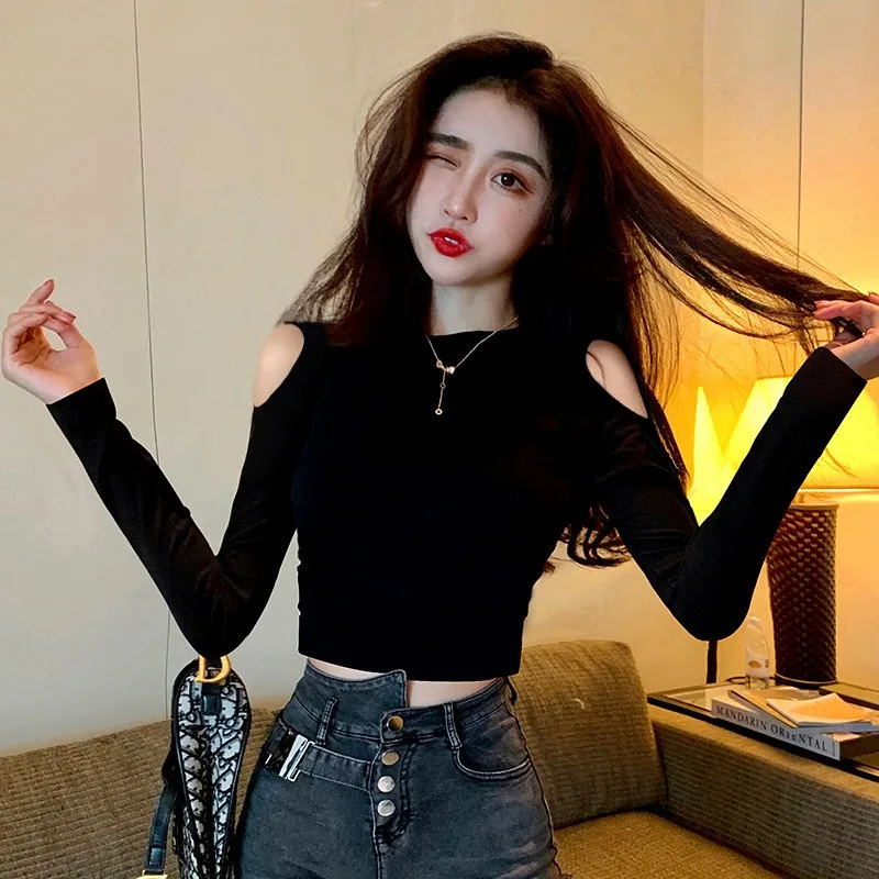 

Bla Long Sve Women's Base irt oulder Bared Sexy ort Crop Top T-irt k Sle Cotton Blend Inner Wear for Autumn...